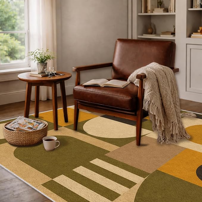 Olive Bauhaus Area Rug 4x5, Mid Century Modern Geometric Rug, Mustard Green Abstract Color Block Washable Low Pile Non Slip Rug for Living Room Bedroom