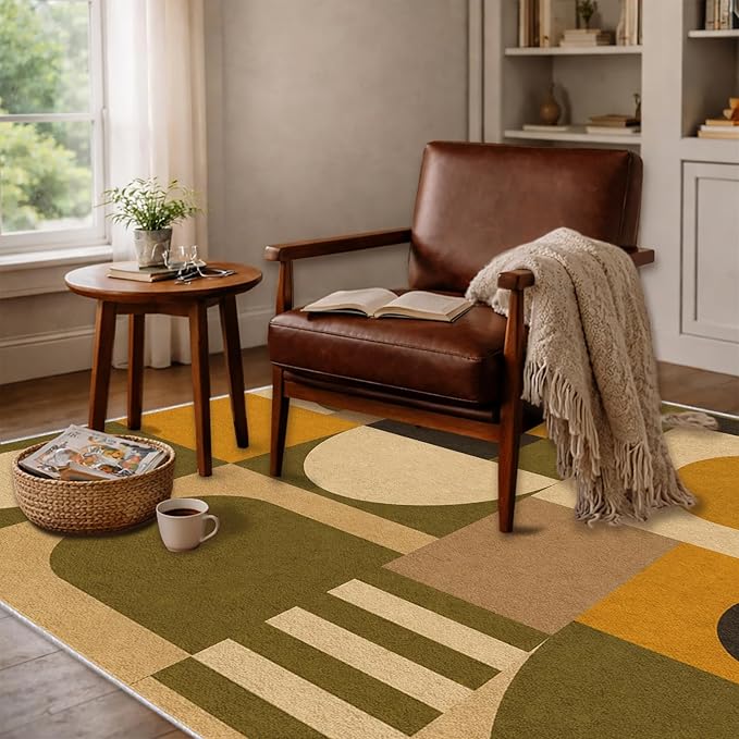Olive Bauhaus Area Rug 7x9, Mid Century Modern Geometric Rug, Mustard Green Abstract Color Block Washable Low Pile Non Slip Rug for Living Room Bedroom