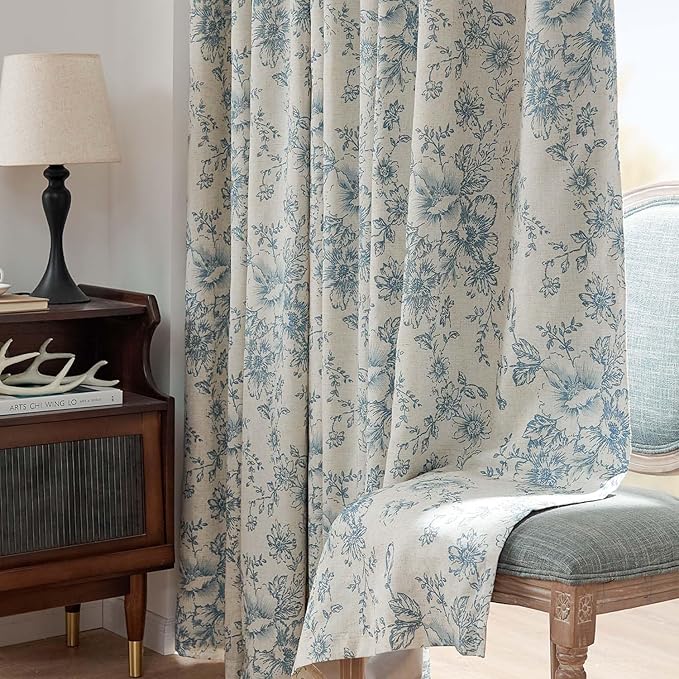 jinchan Blackout Linen Blend Curtain Floral Blackout Curtains for Living Room 96 Inch Length Blue Printed with Lined Blackout Curtain for Bedroom Farmhouse Curtains Set 2 Panels