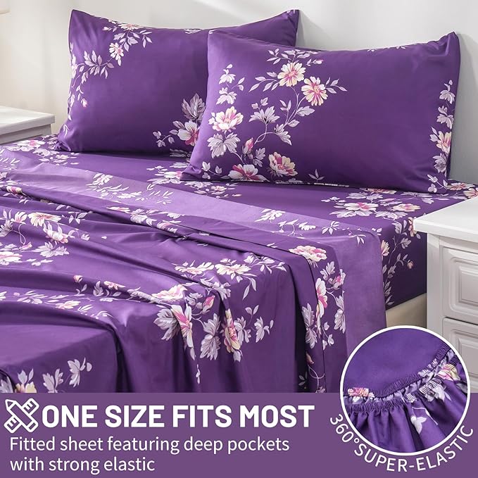 Bedlifes Queen Size Extra Deep Pocket Sheet Sets - Fits Mattresses Up to 18-24" Thick, 4-Piece Microfiber Set with 1800 Thread Count, Soft, Smooth, Breathable, Featuring Dark Purple Floral