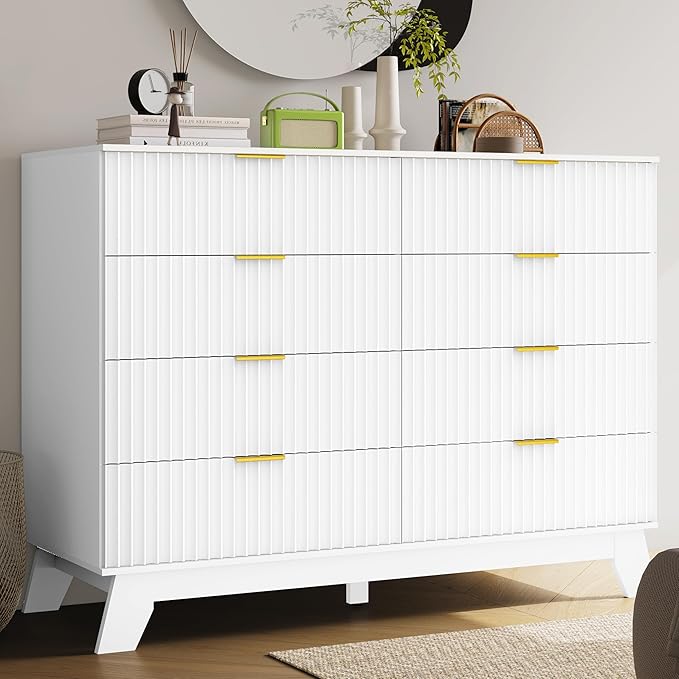 Fluted Dresser for Bedroom, 8 Drawer Dressers & Chest of Drawers, Mid Century Modern Dresser for Closet Boho Bedroom Furniture, Nature Wood Chest of Drawers Storage Organizer for Living Room, White