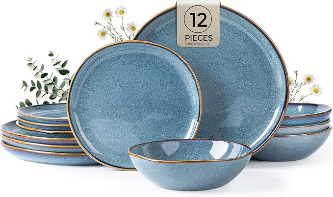 AmorArc Ceramic Dinnerware Sets,Handmade Reactive Glaze Stoneware Plates and Bowls Sets,Highly Scratch Resistant | Dishwasher & Microwave Safe Dishes Set,Service for 4 (12pc)