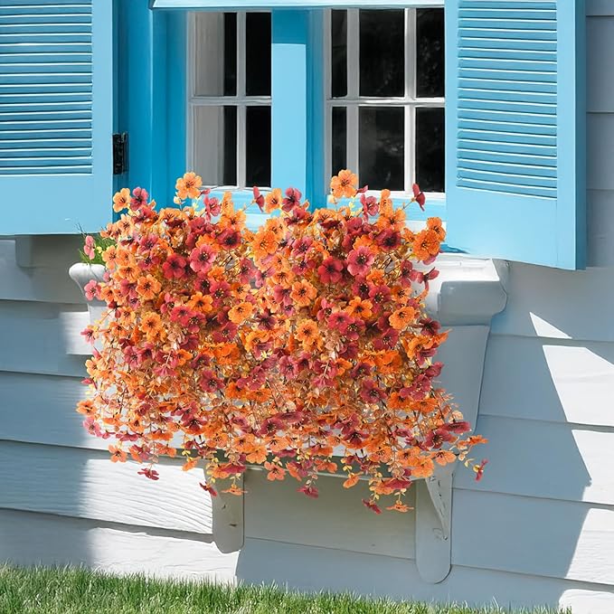 Artificial Faux Mums Fall Flowers for Outdoor Outside Decoration, 2 PCS Fake Silk Daisy Flower Plants Realistic UV Resistant for Home Porch Balcony Patio Autumn Decor (Orange Brown
