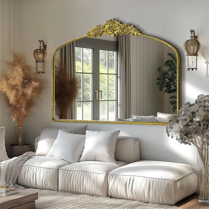 Antique Gold Arched Wall Mirror, 48"x30" Baroque Vintage Mirror with Ornate Metal Frame, Large Traditional Home Decor Bathroom/Wall/Vanity/Mantel/Bedroom/Entryway/Hallway