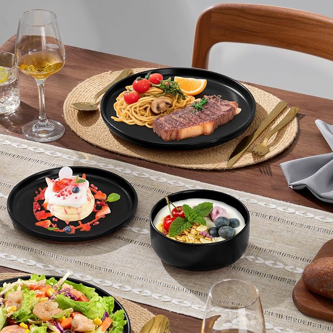 E-far 24-Piece Stoneware Plates and Bowls Sets, Dinnerware Sets for 8, Ceramic Dishware Dishes Set with Terracotta Base, Chip & Scratch Resistant, Microwave & Dishwasher Safe, Matte Black