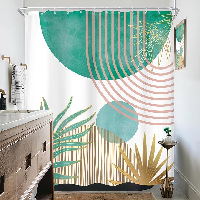 KOMLLEX Mid Century Green Pink Boho Shower Curtain 60Wx72L Inches Abstract Modern Shower Curtains for Bathroom Decor Plant Botanical Minimalist Arch Sun Fabric Liner Waterproof Polyester 12 Pack Hooks