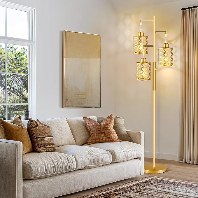 Dimmable Floor Lamp, Farmhouse Standing Lamp with Elegant Metal Cage, Industrial Tall Tree Floor Lamps for Living Room, Bedroom, Study Room, Office, 3 x 800LM LED Bulbs Included, 72", Gold