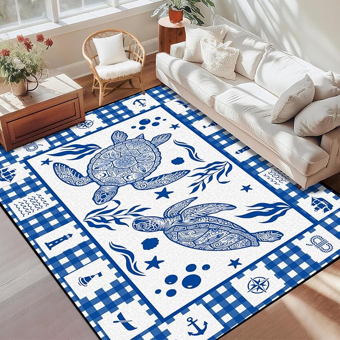 Sea Turtle Rug Coastal Ocean Print Floor Mat Blue and White Plaid Area Rug for Entryway Bedroom Living Room Nursery Kitchen Playroom Home Decor Non-Slip Washable Carpet,2'x3'