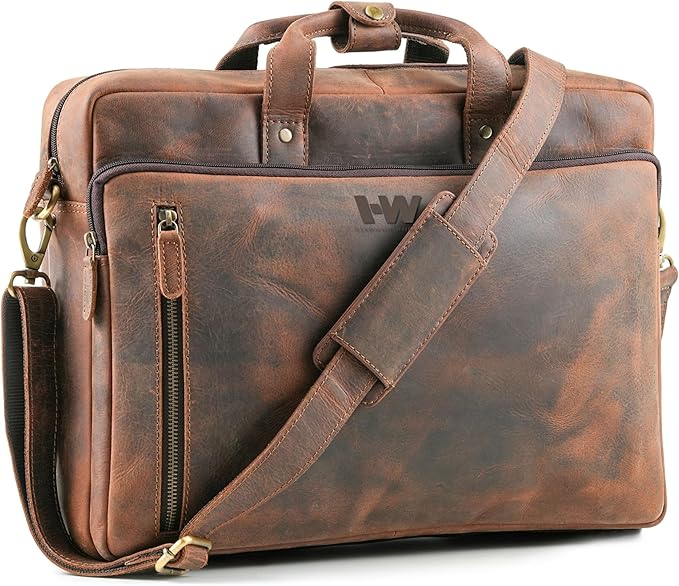 Handmade World Leather Briefcase For Men 'The Contemporary' Fits 17 Inch Laptop Computer Messenger Crossbody Shoulder Bag For Business Travel Office Work