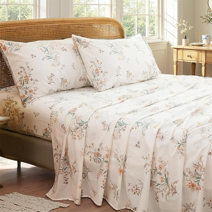 100% Cotton Sheet Set Queen Size – 4-Piece Shabby Chic Floral Bedding Set, Soft Breathable Percale Weave, Deep Pocket Fitted Sheet 17.5", Crisp Cool Feel, Refined Botanical Elegance