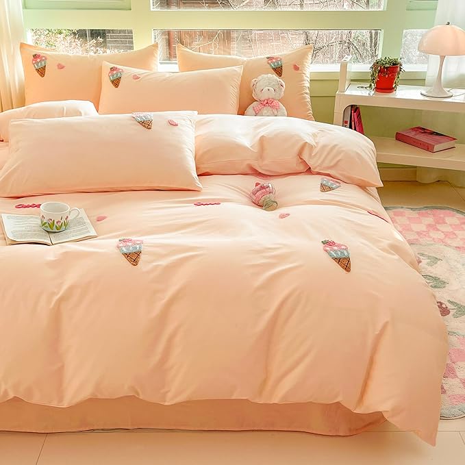 MorroMorn Cotton Duvet Cover Queen Size, Peach Pink Bed Set 3D Embroidery Bedding Sets All Seasons, Chenille Embroidered Comforter Covers Blanket for Girls Kids Teen (Ice Cream Cones, Full/Queen)