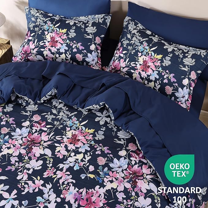 Dobuyly King Size Comforter Set, 7 Pieces Navy Blue Floral Comforter Set, Bed in a Bag King with Botanical Flowers Pattern, All Season Farmhouse Bedding Set with Sheets, Pillowcases & Shams