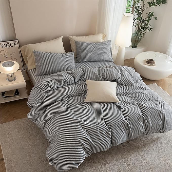 JIYUAN 100% Washed Cotton Striped Duvet Cover Set 3 Pieces King, 1 Duvet Cover and 2 Pillowcases(Comforter Not Included),Linen Like Comfy and Breathable,Pinstripes-Heathered Dark Grey White
