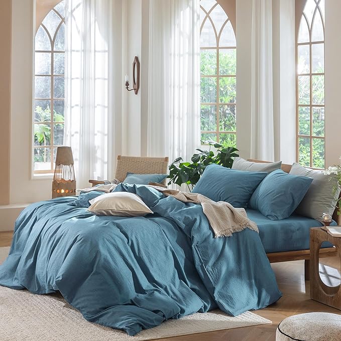 MooMee Bedding Duvet Cover Set 100% Washed Cotton Linen Like Textured Breathable Durable Soft Comfy (Heathered Peacock Blue, Super Queen 90"x98")