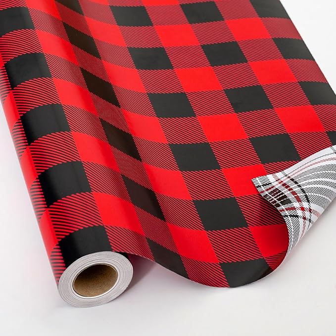 MAYPLUSS Christmas Reversible Wrapping Paper - Mini Roll - 17 Inch X 32.8 Feet - Red Black Buffalo Plaid Patterns (47.3 sq.ft.ttl)