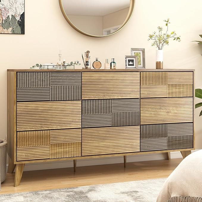 Hadulcet Wooden Dresser for Bedroom, 55” Long Mid Century Modern Fluted 9 Drawers Dresser Storage Clothes for Closet Organizer, Handleless Design, Push to Open, Dark Wood