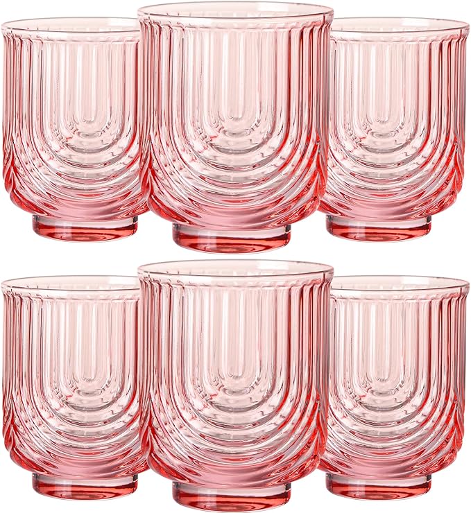 JOVGANK Pink Vintage Drinking Glasses Set of 6-14Oz Pink Glass Drinking Glasses, Art Deco Ripple Highball Glass, Whiskey Cocktail Glasses, for Bar Coffee Juice, Housewarming and Mother's Day Gift