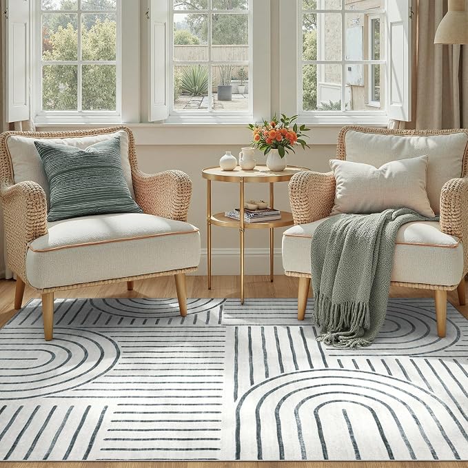 DCX Abstract Machine Washable 5x7 Rug, Gray Modern Accent Rug for Living Room, Soft Low Pile Non Slip Carpet, Kid & Pet Friendly Stain Resistant Rug for Bedroom Dining Room Office