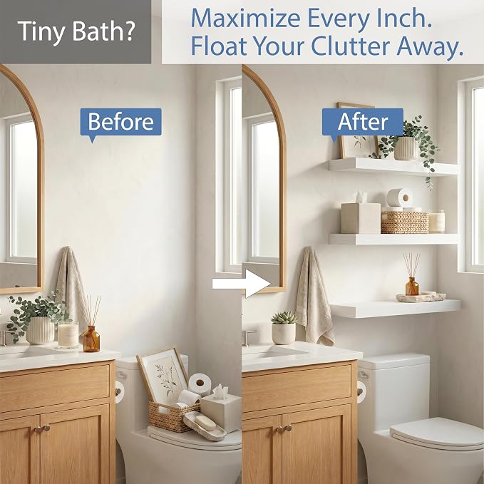 Floating Shelves for Wall, Bathroom Shelves Over Toilet, Wall Shelves & Book Shelf for Room, Hanging Shelf, Modern Wooden Mounted Floating Shelves, 24x7x1.5 in (White, Set of 3)