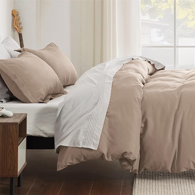 Bedsure Duvet Cover Queen Size - Soft Double Brushed Bedding Set for Kids & Adults, Zipper Closure, 3 Pieces, Includes 1 Duvet Cover (90"x90") & 2 Pillow Shams, NO Comforter, Khaki