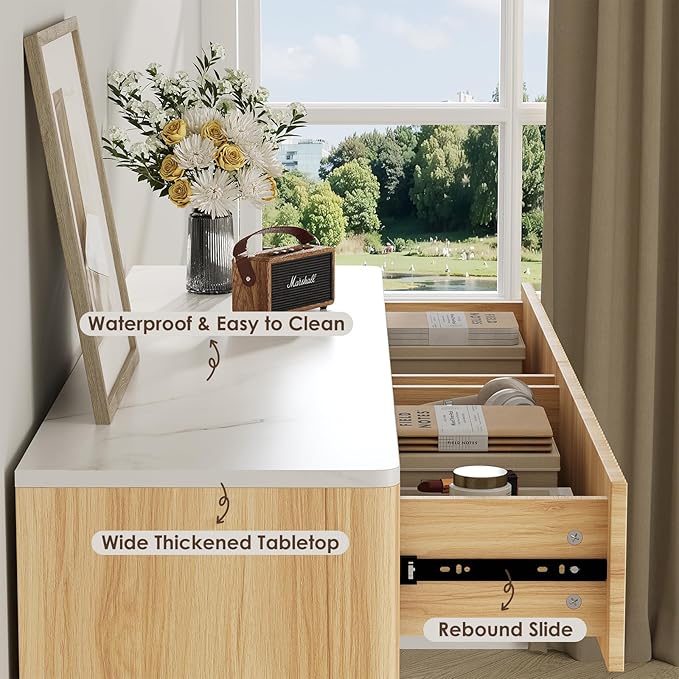 Fluted 6 Drawers Dresser for Bedroom,52" Wide Handleless Chest of Drawers with Faux Marble Top, Wooden Dresser TV Stand, Wood Drawer Organizer for Living Room, Hallway, Natural Oak
