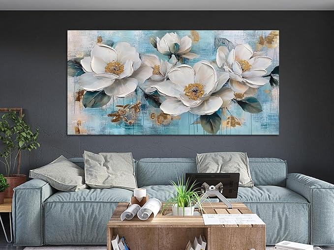 Ardemy Flower Wall Art for Living Room White Floral Canvas Art Wall Decor, Magnolia Teal Picture Textured Large Painting Turquoise Artwork Bedroom Dining Room Kitchen Home Office 48"x24"