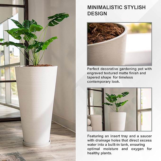 XBrand Modern 28-Inch Tall Round Planter, Modern Tapered Planter Perfect for Indoor & Outdoor Planter, Patio Décor, White