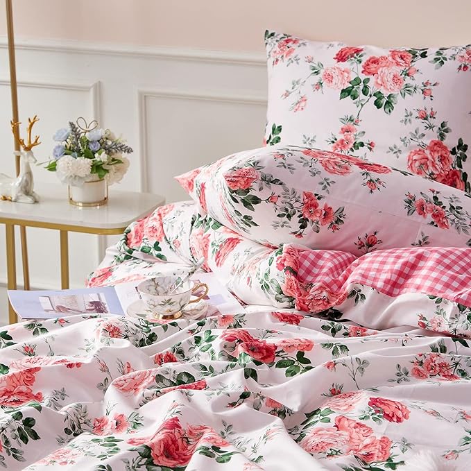 Pink Flower Duvet Cover Set Twin 3 Pieces Girls Floral Duvet Cover 100% Microfiber Blossom Rose Flower Comforter Cover Cottagecore Bedding Set Vintage Botanical Comforter Cover with Zipper Closure