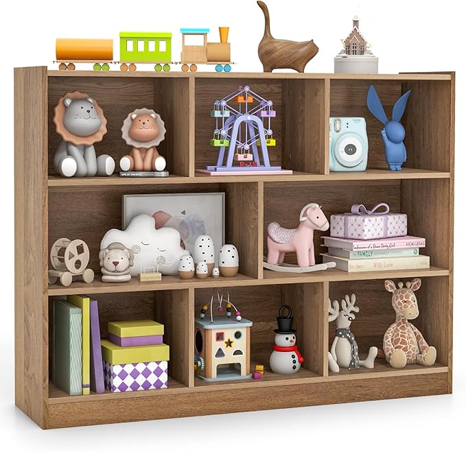 KOTEK Toy Storage Organizer, 8 Cubby Kids Bookshelf, Wooden 4-Tier Bookcase Storage Cabinet, Open Display Book Shelf for Daycare, Nursery, School Classroom, Playroom & Living Room (Natural, 8 Cubes)