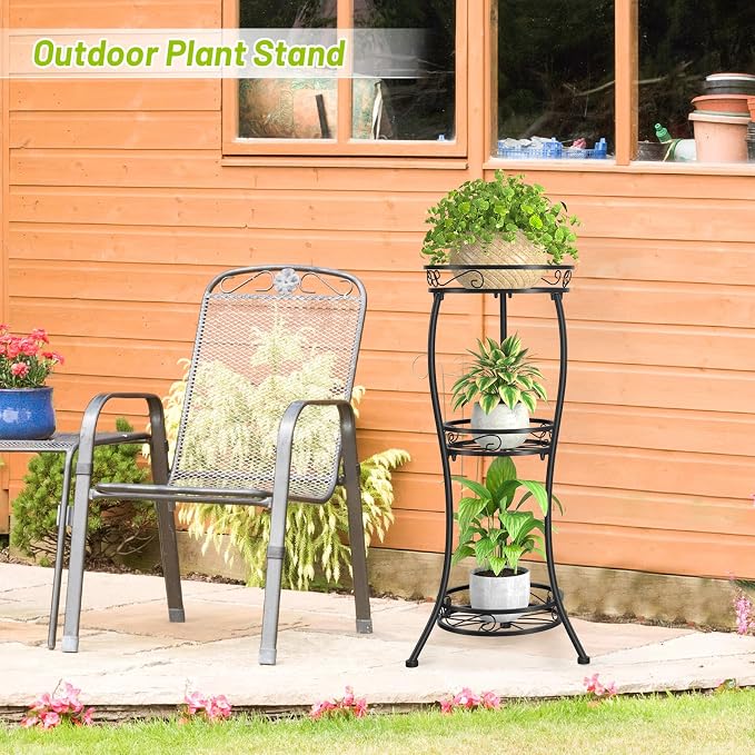 KMOTASUO 3 Tier Tall Metal Plant Stand, 33 Inch Plant Stands Indoor Outdoor, Rustproof Iron Flower Pot Holder Display Rack for Corner Patio Garden Balcony Living Room(Black)