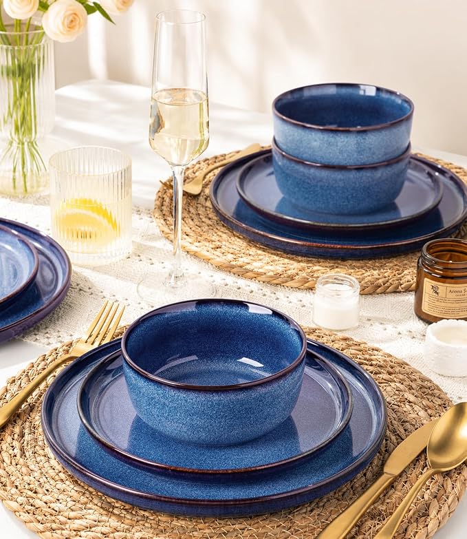 GBHOME Dinnerware Sets for 4, 12 Pieces Stoneware Plates and Bowls Sets, Scratch Resistant Ceramic Dishes, Dishwasher & Microwave Safe, Reactive Glaze-Sea Blue