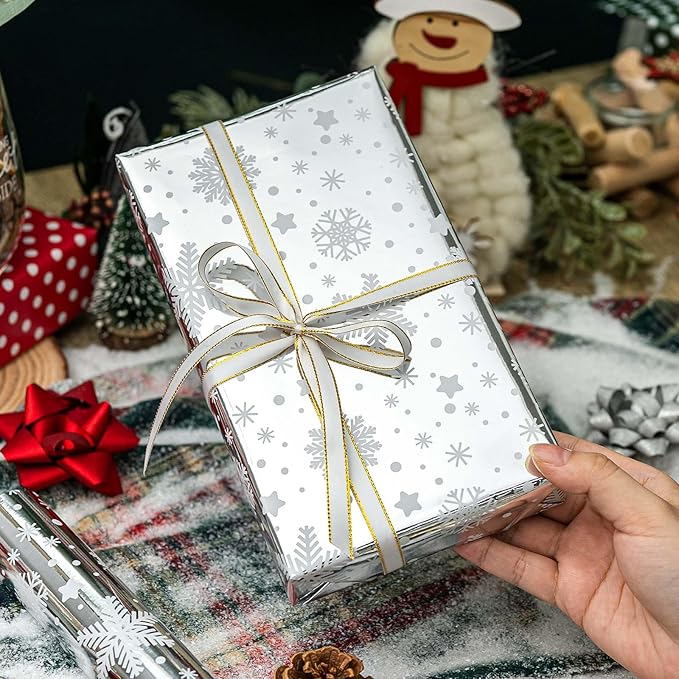 MAYPLUSS Christmas Wrapping Paper Roll - 17IN X 33FT - Christmas Gift Wrapping Paper Featuring Snowflake Against Silver Reversible Polka Dot for Kids, Holiday, New Year