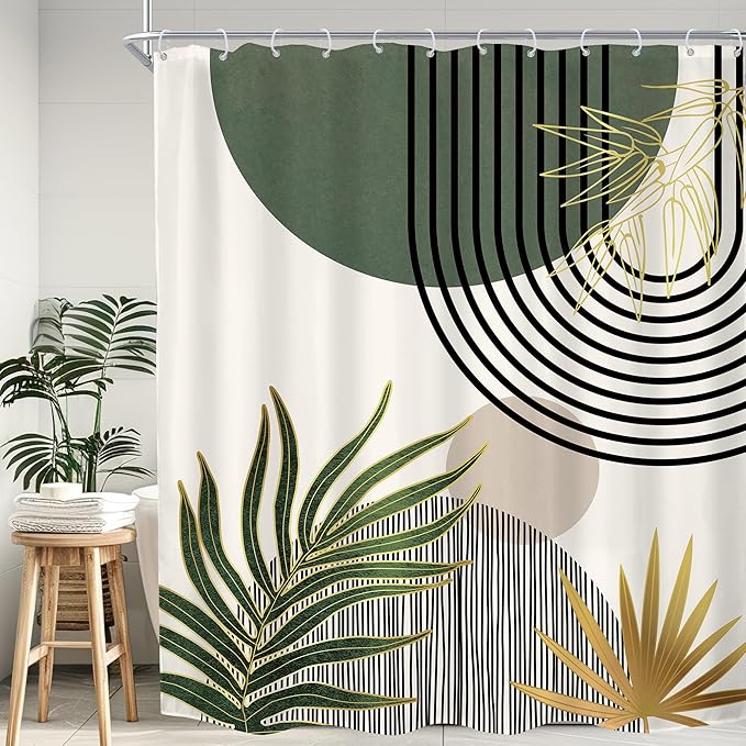 KOMLLEX Mid Century Green Boho Shower Curtain 72Wx84L Inches Abstract Modern Shower Curtains for Bathroom Gold Plant Botanical Minimalist Arch Sun Fabric Liner Waterproof Polyester 12 Pack Hooks