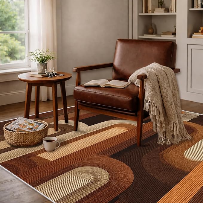 Retro Arches Area Rug 6x9, Modern Geometric Arch Pattern Rug, Mid Century Abstract Carpet for Living Room Bedroom, Non Slip Washable Rug