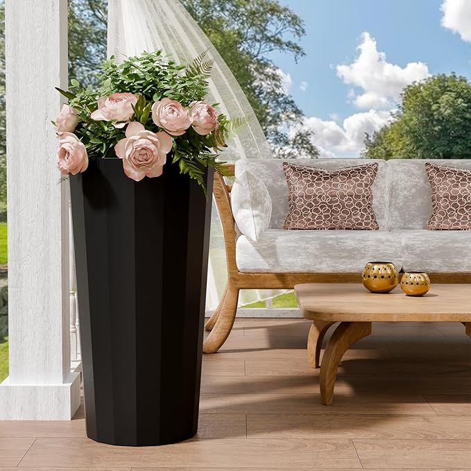 23.6" Tall Outdoor Planters Set of 2, Large Planters for Outdoor Plants for Porch Decor with Drainage Hole, Wide Stripe Design Porch Flower Pots for Indoor Pot Patio/Garden, Black