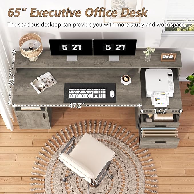 Executive Computer Desk with 3 Drawers & Storage Shelves, 65 Inch Home Office Desk with File Drawer & Cabinet, Writing Study Desks with Monitor Stand & Printer Shelf, Executive Desk, Grey