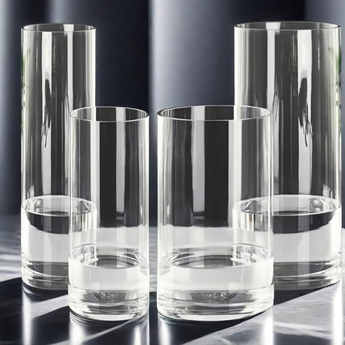4 Pcs Acrylic Clear Cylinder Flower Vase for Plants Bouquet, Unbreakable Hurricane Tall Large Plastic Vases for Wedding Decor, High Hydroponic Floor Vase (H 10" + H 12" 2 Each No Flowers)