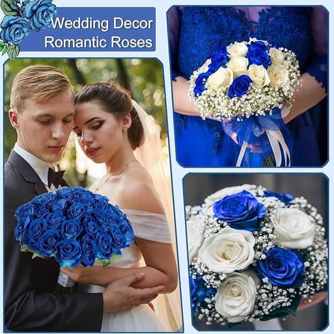 12Pcs Blue Roses Artificial Flowers Fake Roses Faux Velvet Silk Flower for Home Wedding Decoration (Pearl Rose, Blue)