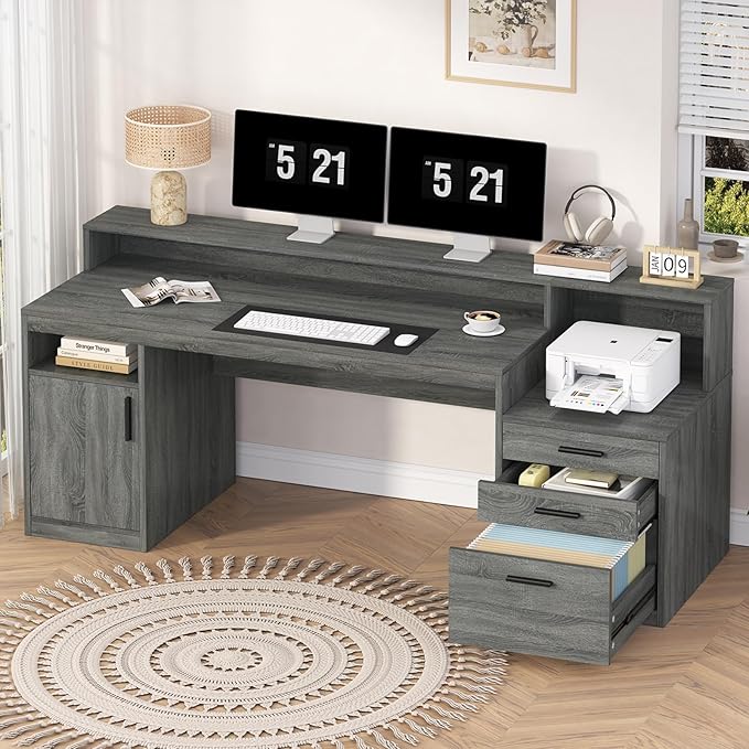 Executive Computer Desk with 3 Drawers & Storage Shelves, 65 Inch Home Office Desk with File Drawer & Cabinet, Writing Study Desks with Monitor Stand & Printer Shelf, Dark Grey