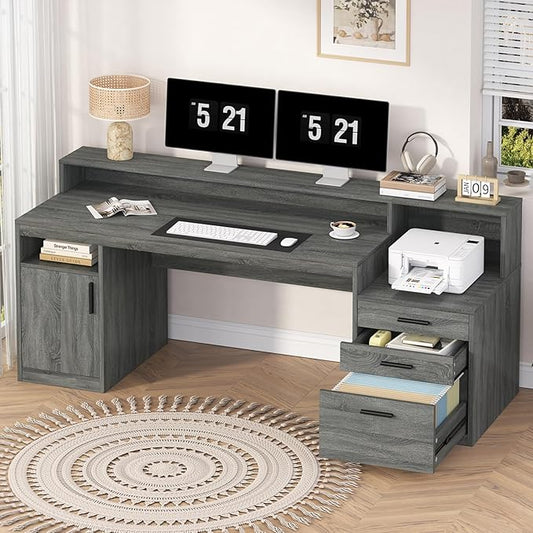 Executive Computer Desk with 3 Drawers & Storage Shelves, 65 Inch Home Office Desk with File Drawer & Cabinet, Writing Study Desks with Monitor Stand & Printer Shelf, Dark Grey