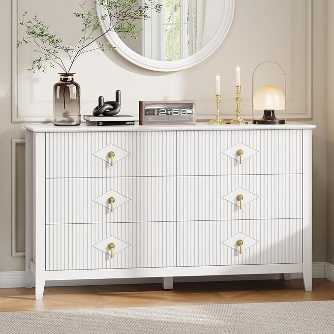 GarveeHome Fluted Dresser for Bedroom, 54 Inch Wide 6-Drawer Wood Dresser, Modern Chest of Drawers, Storage Organizer Cabinet for Living Room, Hallway, Entryway, White