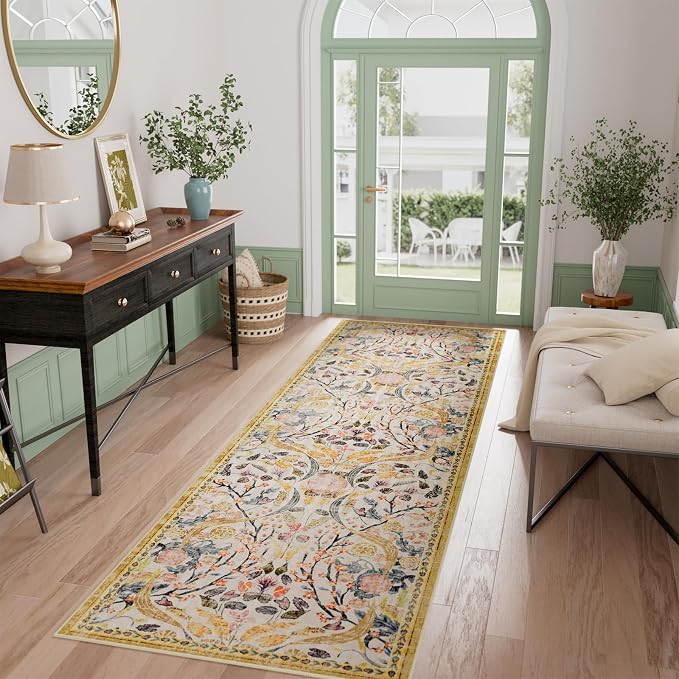 AMTOVO 2.7x8 Runner Entryway Rug for Hallway, Washable Non-Slip Long Kitchen Carpet, Floral Vintage Distressed Floor Mat for Hallways Bathroom Laundry Room Farmhouse, Golden Yellow