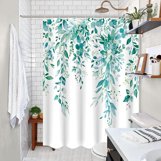 Teal Eucalyptus Shower Curtain Watercolor Floral Plant Leaf Shower Curtains for Bathroom Botanical Flower Waterproof Fabric Bath Curtain Decor with Hooks (Teal, 72'' x 72'')