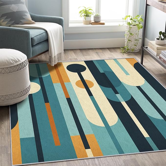 Mid Century Rug 7x10, Washable Modern Geometric Rugs for Living Room Bedroom, Abstract Mid-Century Area Rug for Home Decor, Non Slip Backing Floor Carpet - 7 x 10 ft