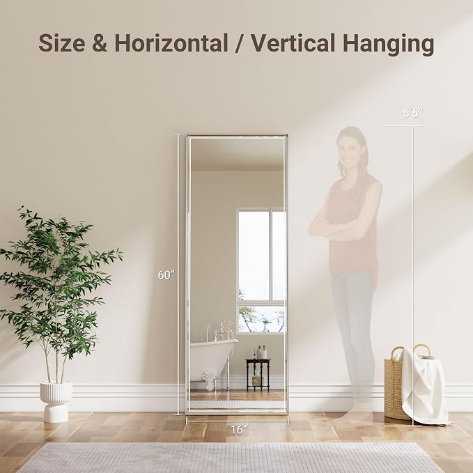 16x60 Inch Brushed Nickel Rectangle Full Length Mirror with Beveled Edges, Anti‑Rust Standing or Wall Mounted Full Body Mirror for Bedroom, Living Room, Entryway, Bathroom Wall