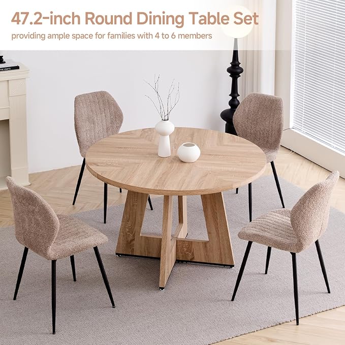 Round Dining Table Set for 4 with Chairs Kitchen Table and Chairs Set Dining Room Table Set Mid-Century Modern Chair with Metal Leg for Apartment Living Room(Natural Table With 4 Brown Chairs)