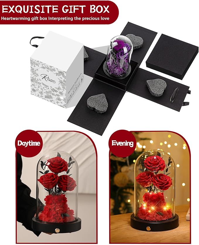 Christmas Flowers Roses Gifts for Mom,Forever Real Preserved Roses in Glass Dome,Christmas Anniversary Thanksgiving Gifts for Wife Girlfriend Women Best Friend Grandma/Red Rose