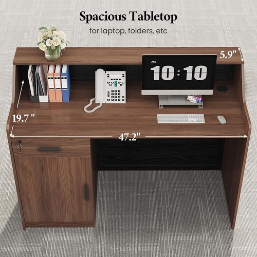 Regine Switzerland Reception Desk - Modern 47-Inch Front Desk with Drawer & Storage Cabinet for Beauty Salons, Home Offices