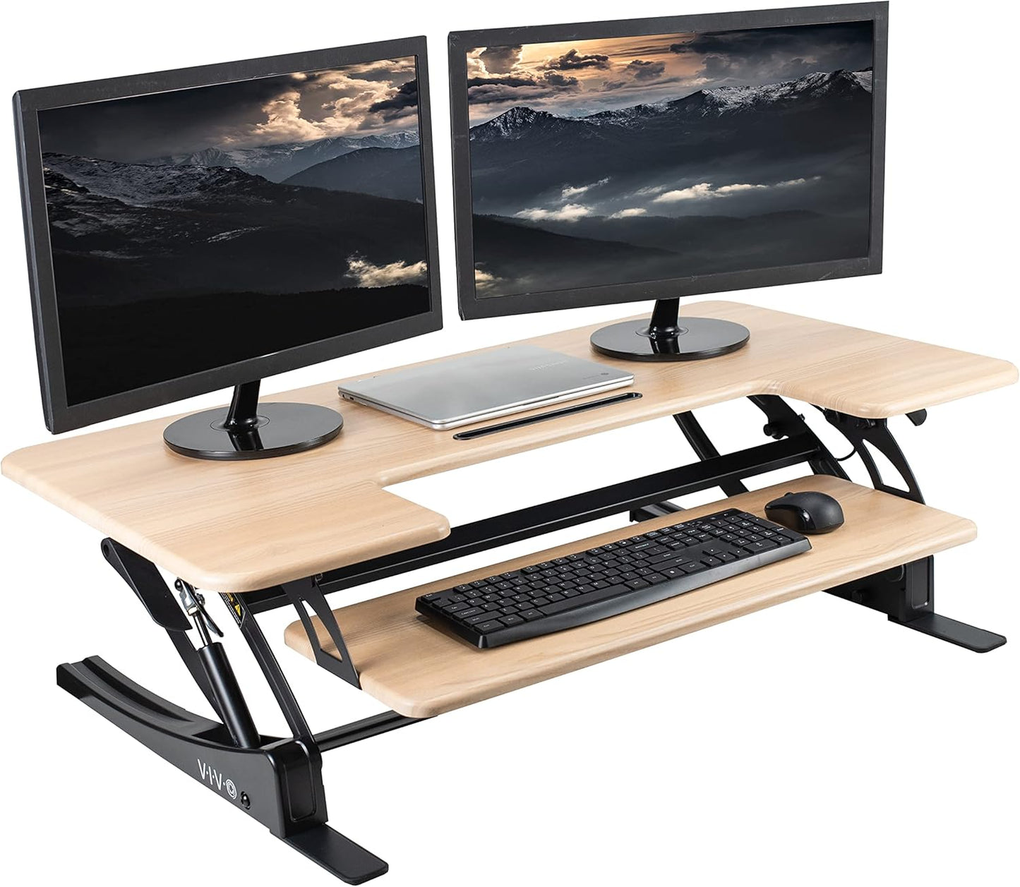 VIVO Height Adjustable Stand Up Desk Converter - Quick Sit to Stand Dual Monitor Riser | Light Wood Top, Black Frame