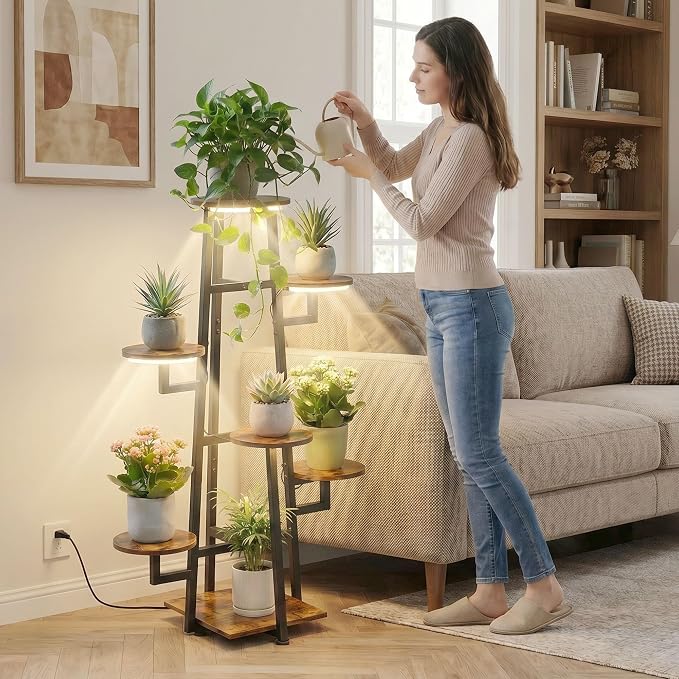 7 Tier Plant Stand Indoor with Grow Light for Multiple Plants | Corner Flower Stand, Vintage Multi-Layer Design, Sturdy Plant Shelf, Space-Saving, Ideal for Living Room Indoor Display